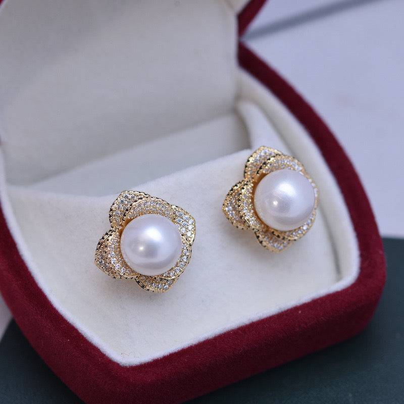 Floral Earrings with Freshwater Pearls and CZ