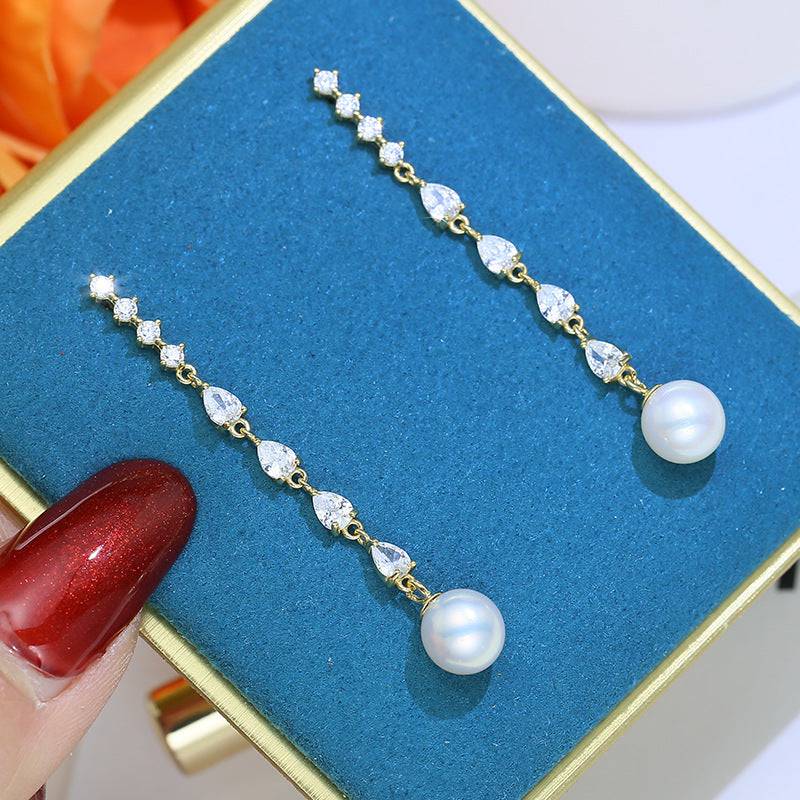 Long Freshwater Pearl Earrings with Sparkling Design