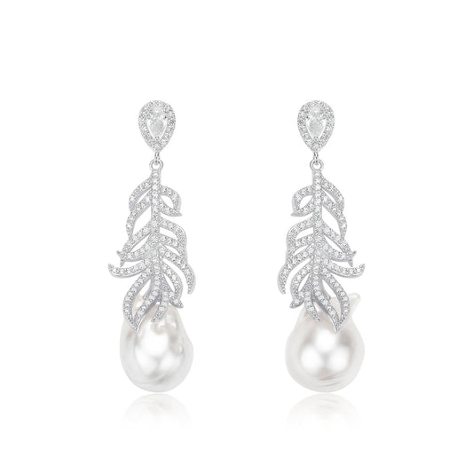 White South Sea Baroque Pearl and Feather Earrings