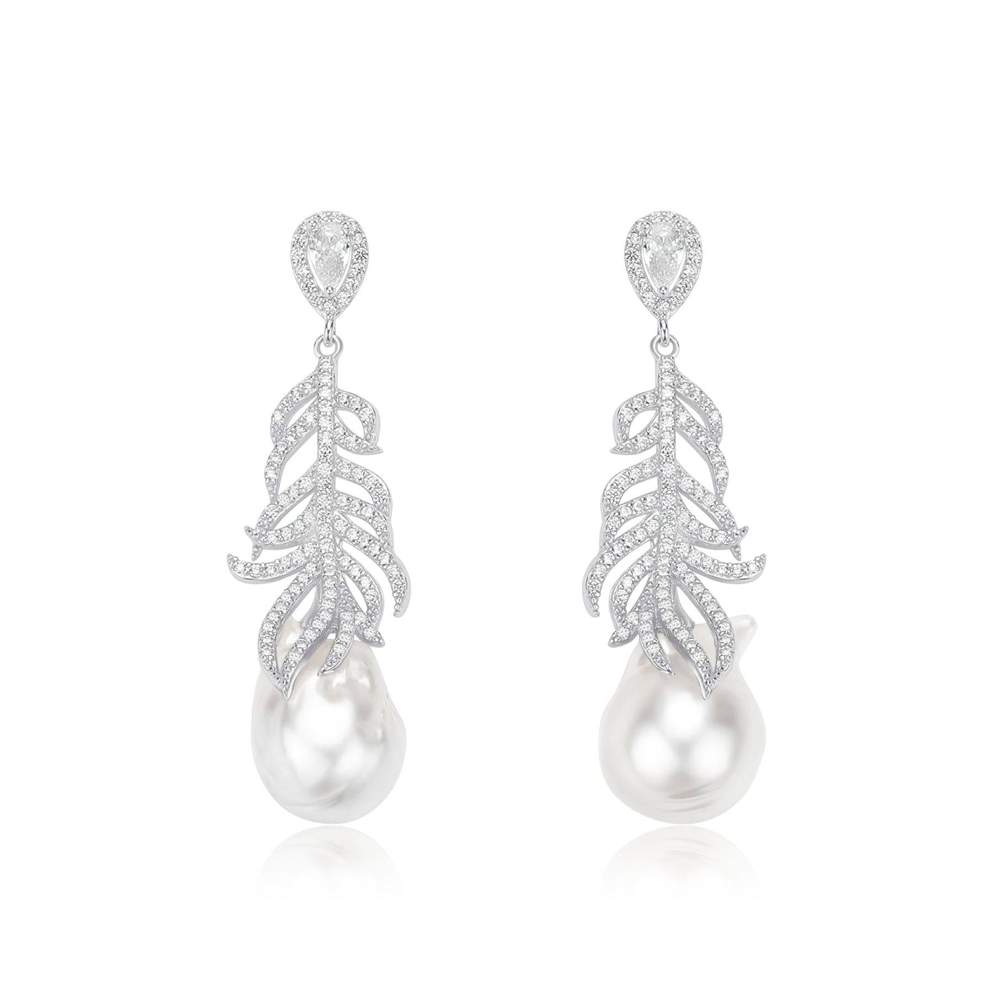 White South Sea Baroque Pearl and Feather Earrings