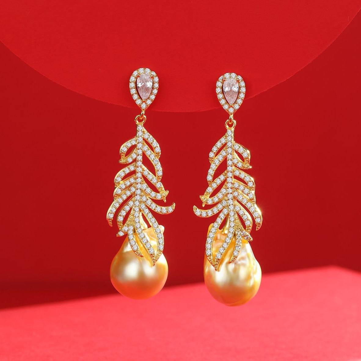 White South Sea Baroque Pearl and Feather Earrings