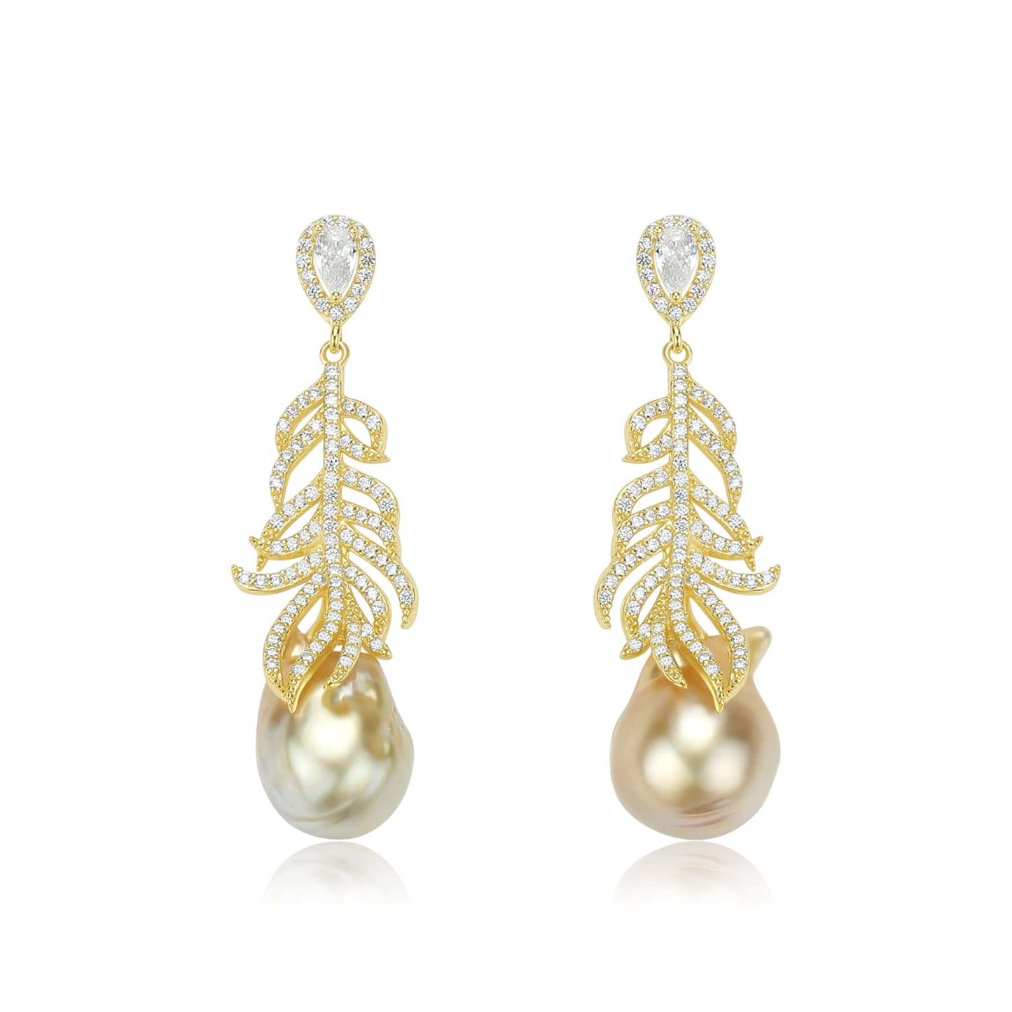 White South Sea Baroque Pearl and Feather Earrings