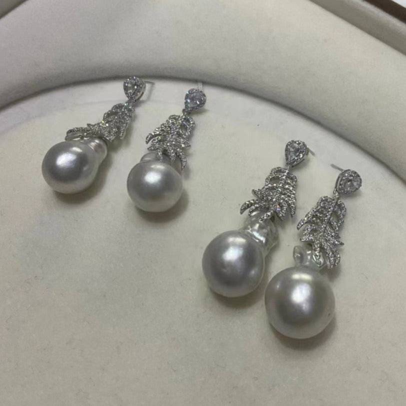 White South Sea Baroque Pearl and Feather Earrings