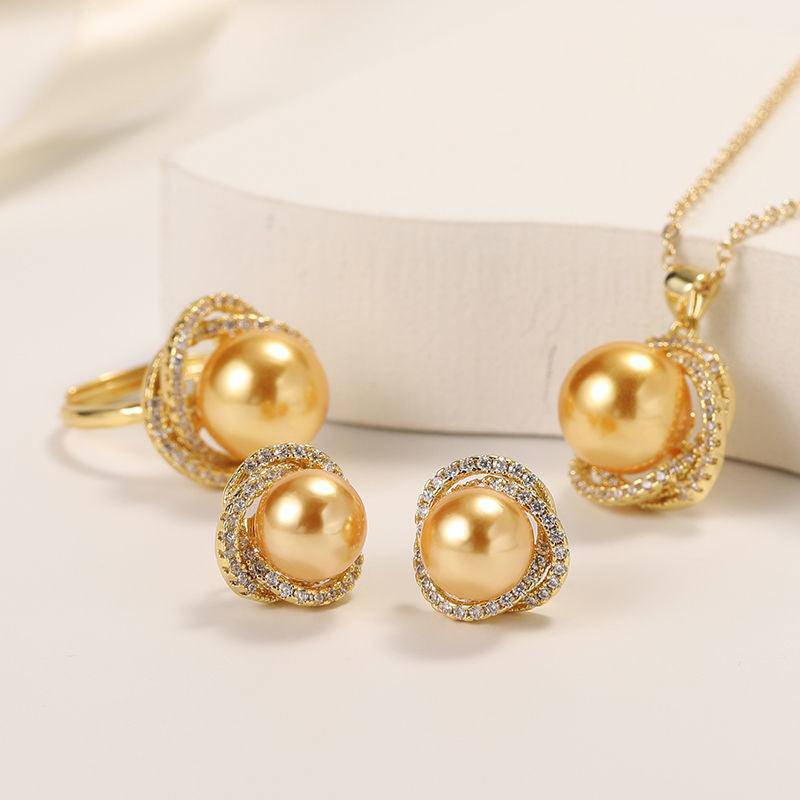 Rose Design Whole Set with Golden South Sea Pearls and CZ