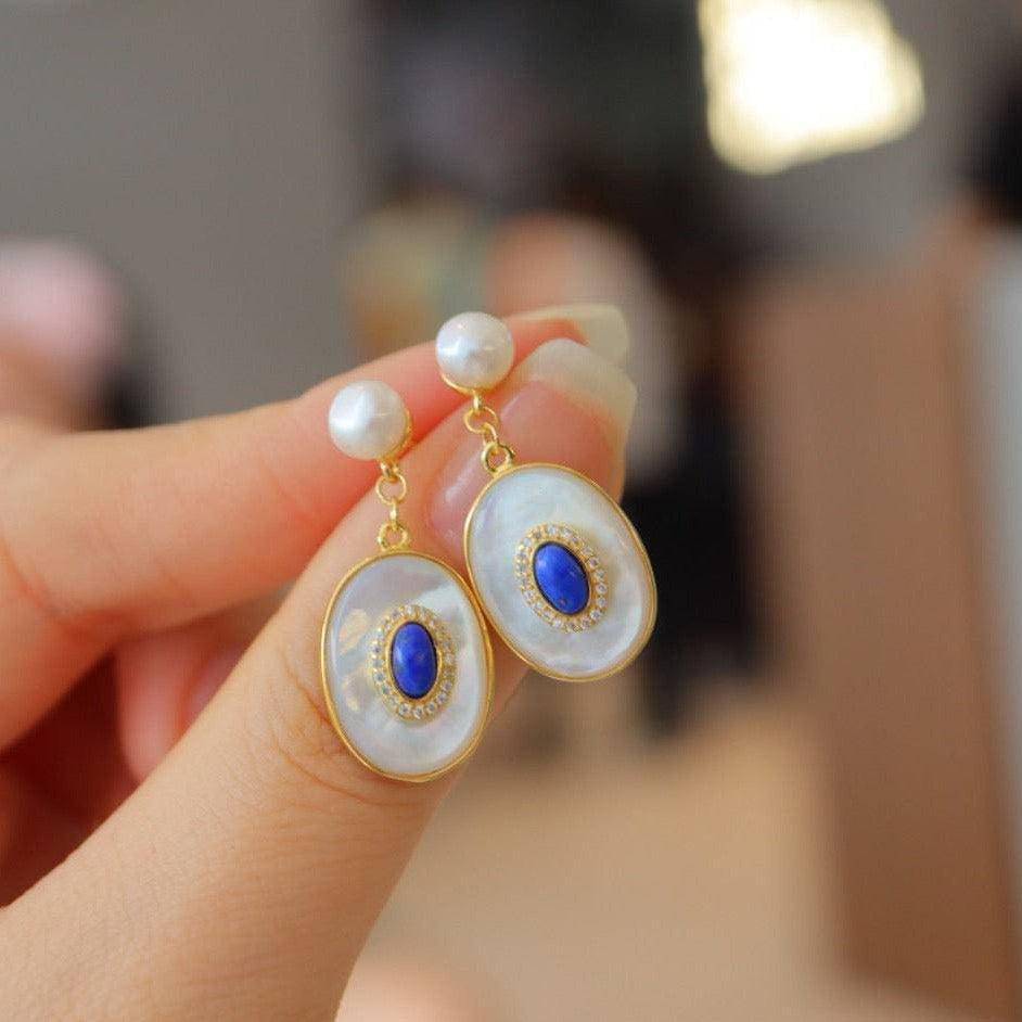 Blue Lapis Lazuli Earrings with Mother of Pearls