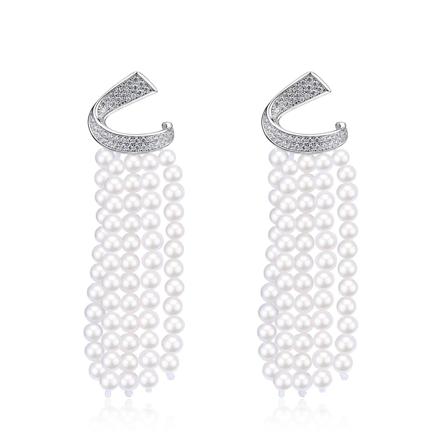 Curved Zirconia Multi-Chain Pearl Earrings