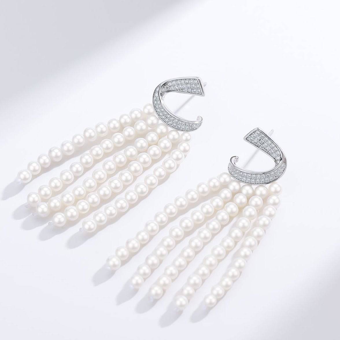 Curved Zirconia Multi-Chain Pearl Earrings