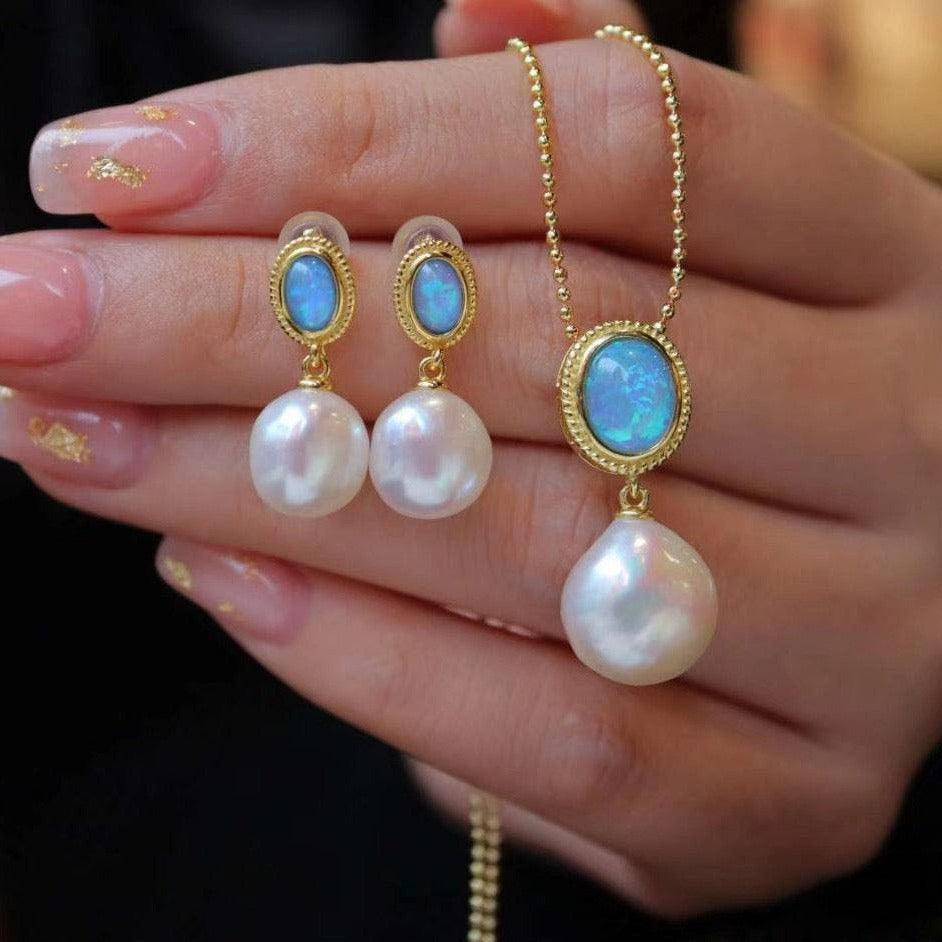 Baroque Pearl and Opal Earrings in Gold Vermeil