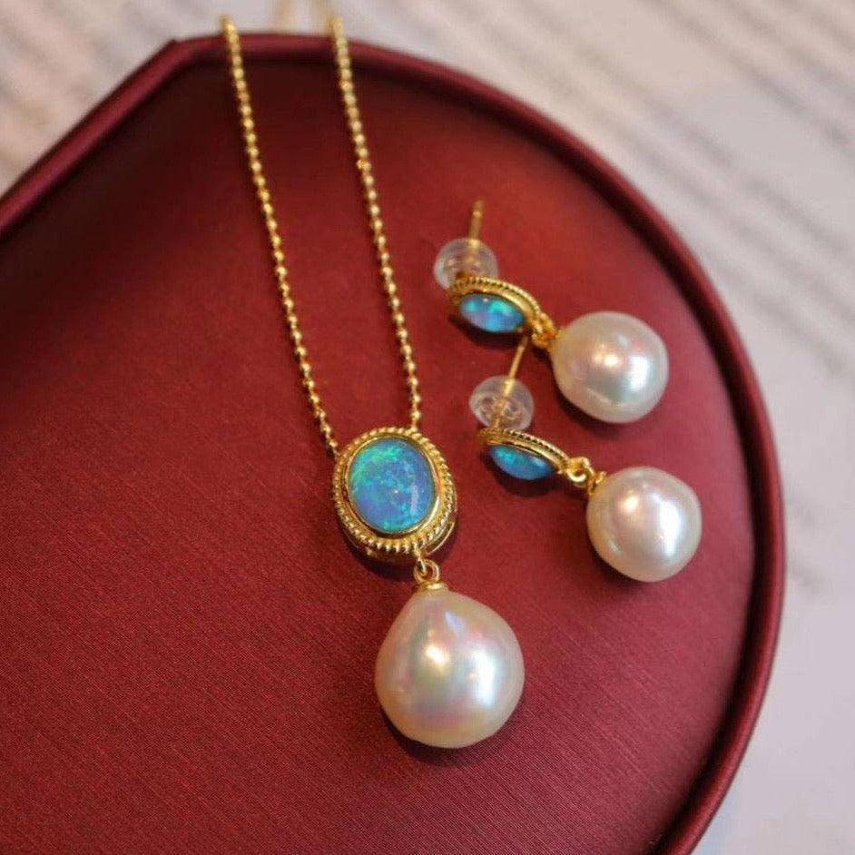 Gold Vermeil Freshwater Baroque Pearls and Opal Set