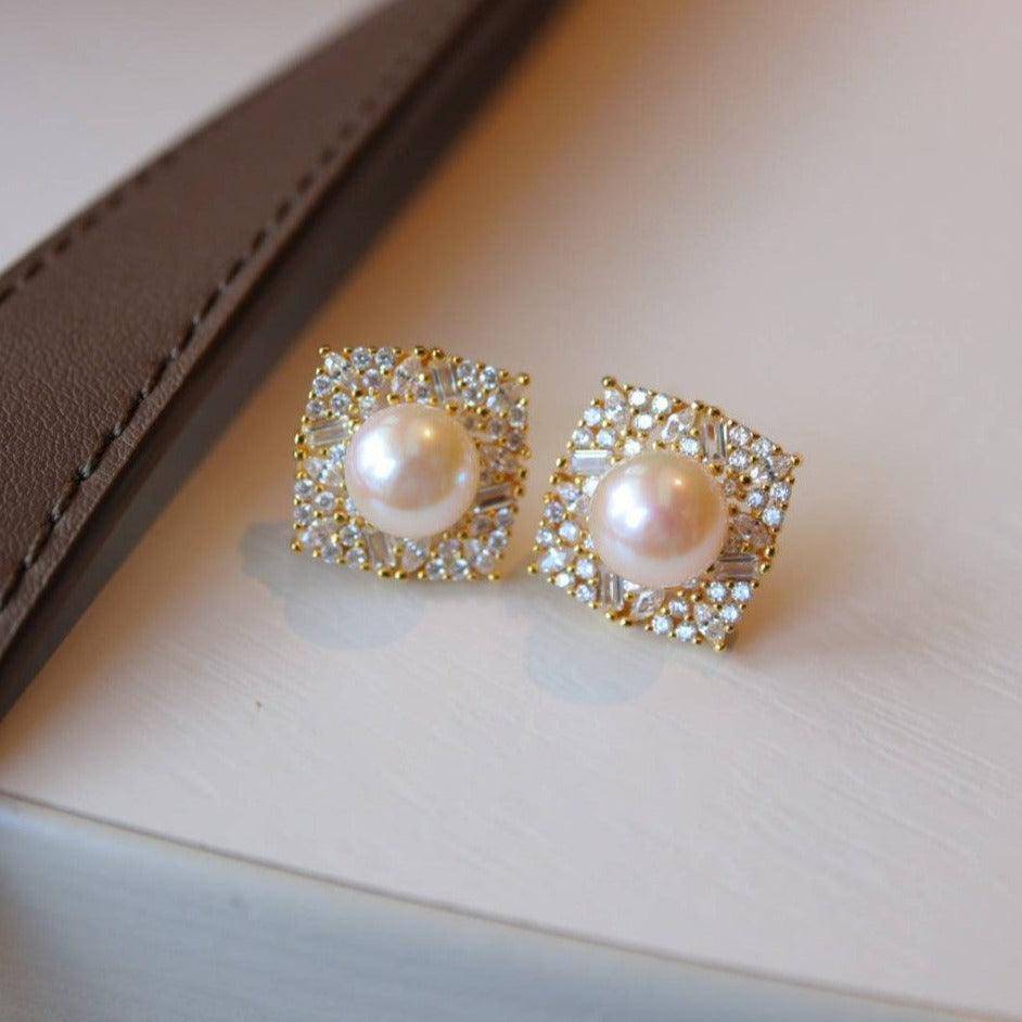 Gold Vermeil Earrings with Square CZ and Pearl