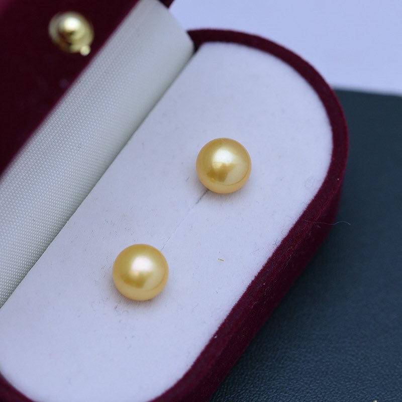 Freshwater Pearl Stud Earrings with Golden Button Design