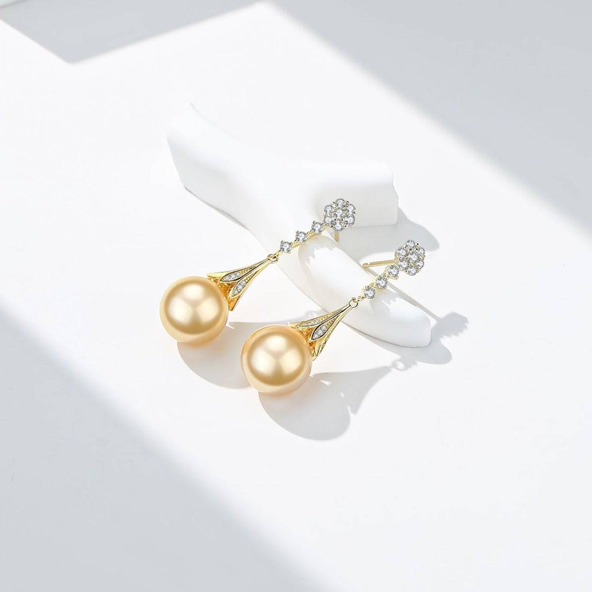 Golden South Sea Pearl and CZ Daisy Earrings