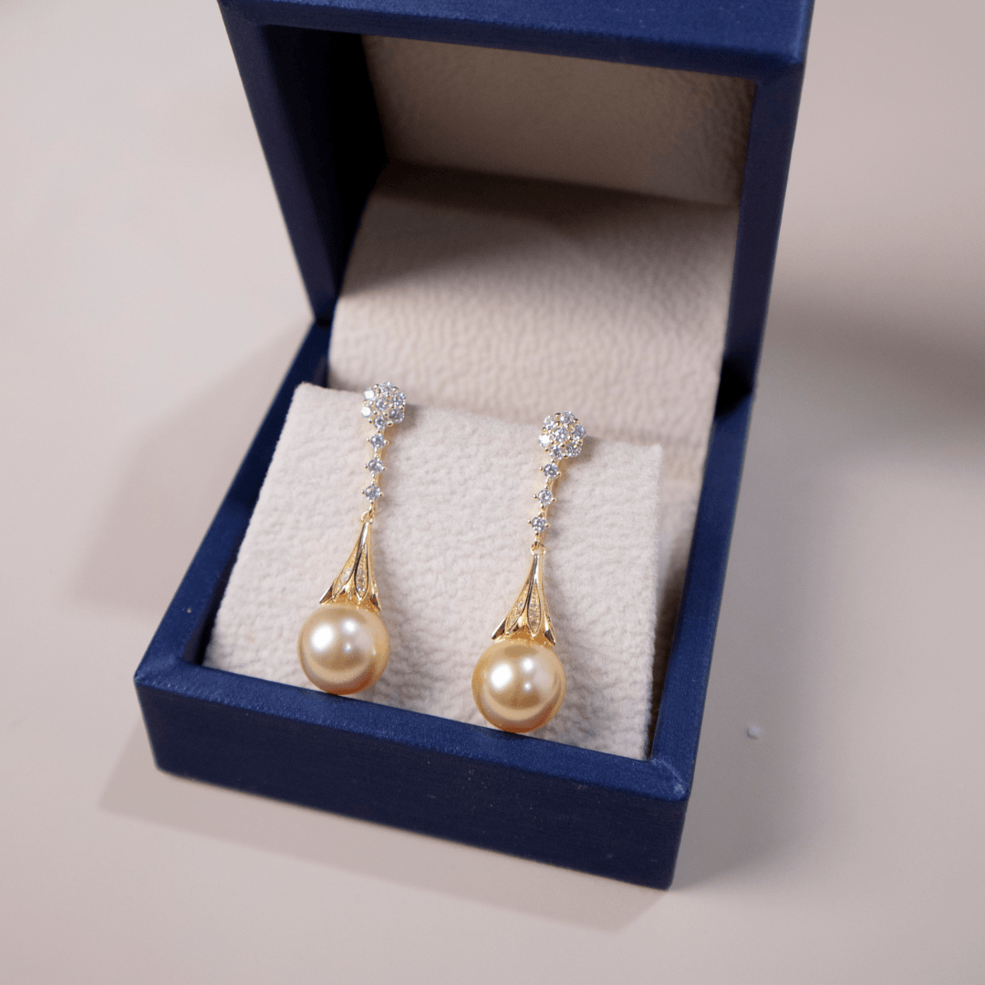 Golden South Sea Pearl and CZ Daisy Earrings