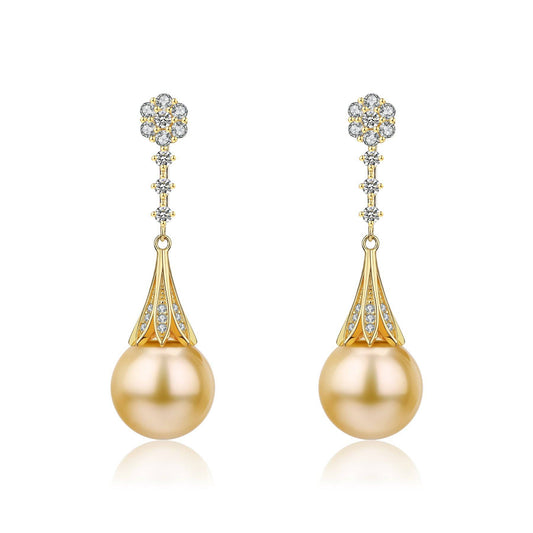 Golden South Sea Pearl and CZ Daisy Earrings