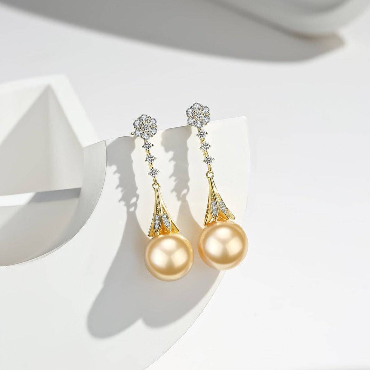 Golden South Sea Pearl and CZ Daisy Earrings