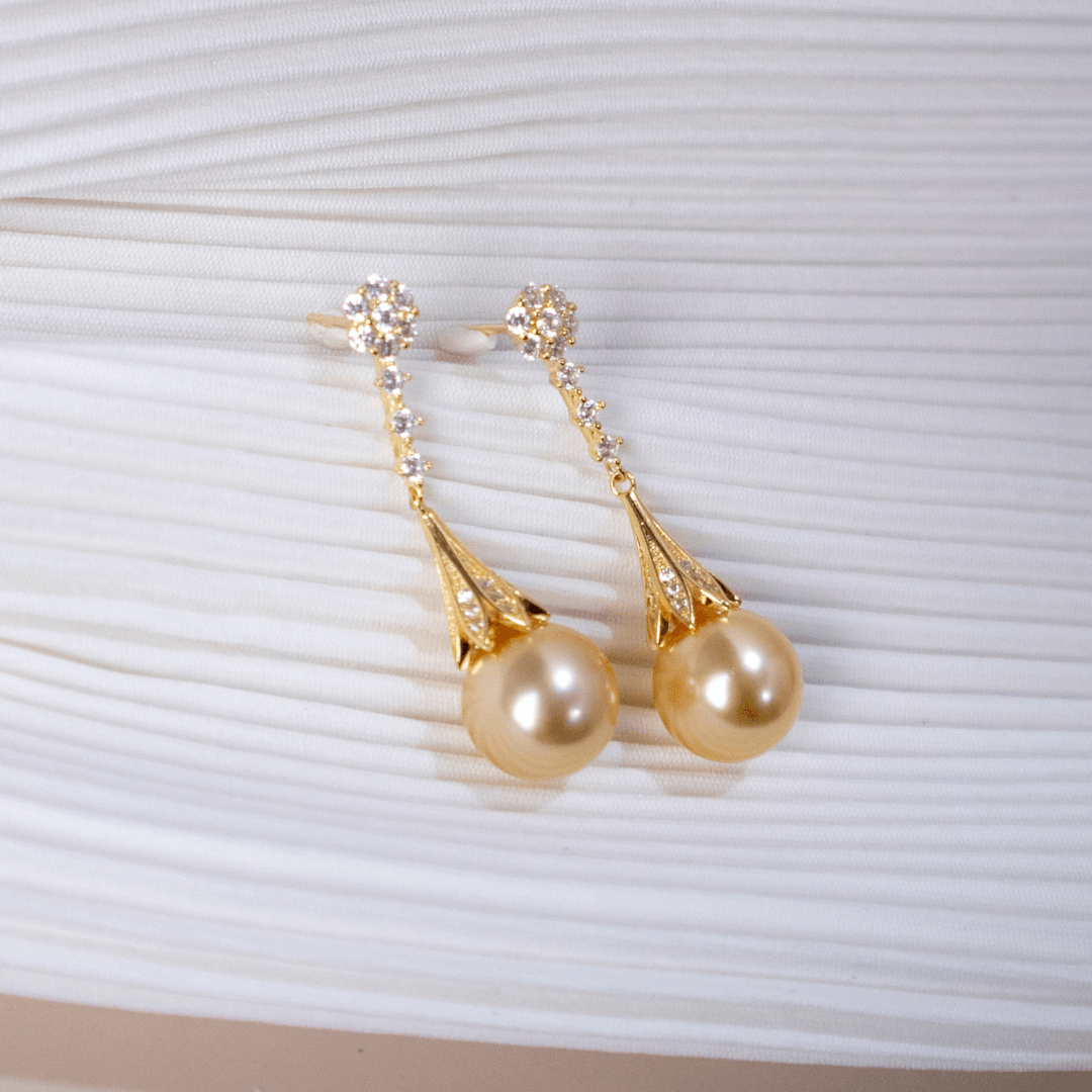 Golden South Sea Pearl and CZ Daisy Earrings