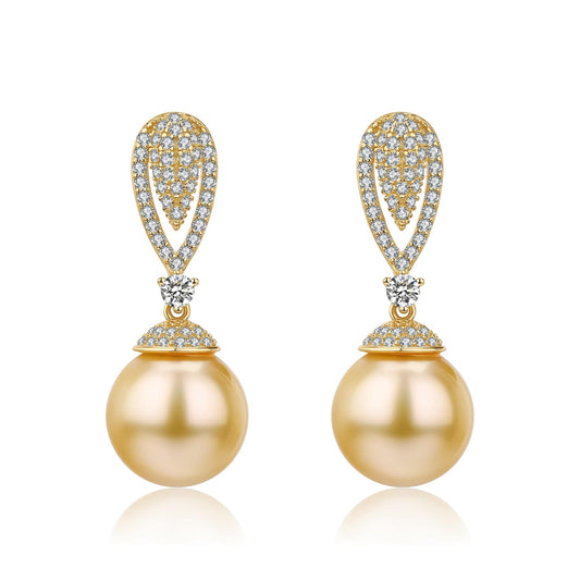 Elegant Golden South Sea Pearl and CZ Earrings 1