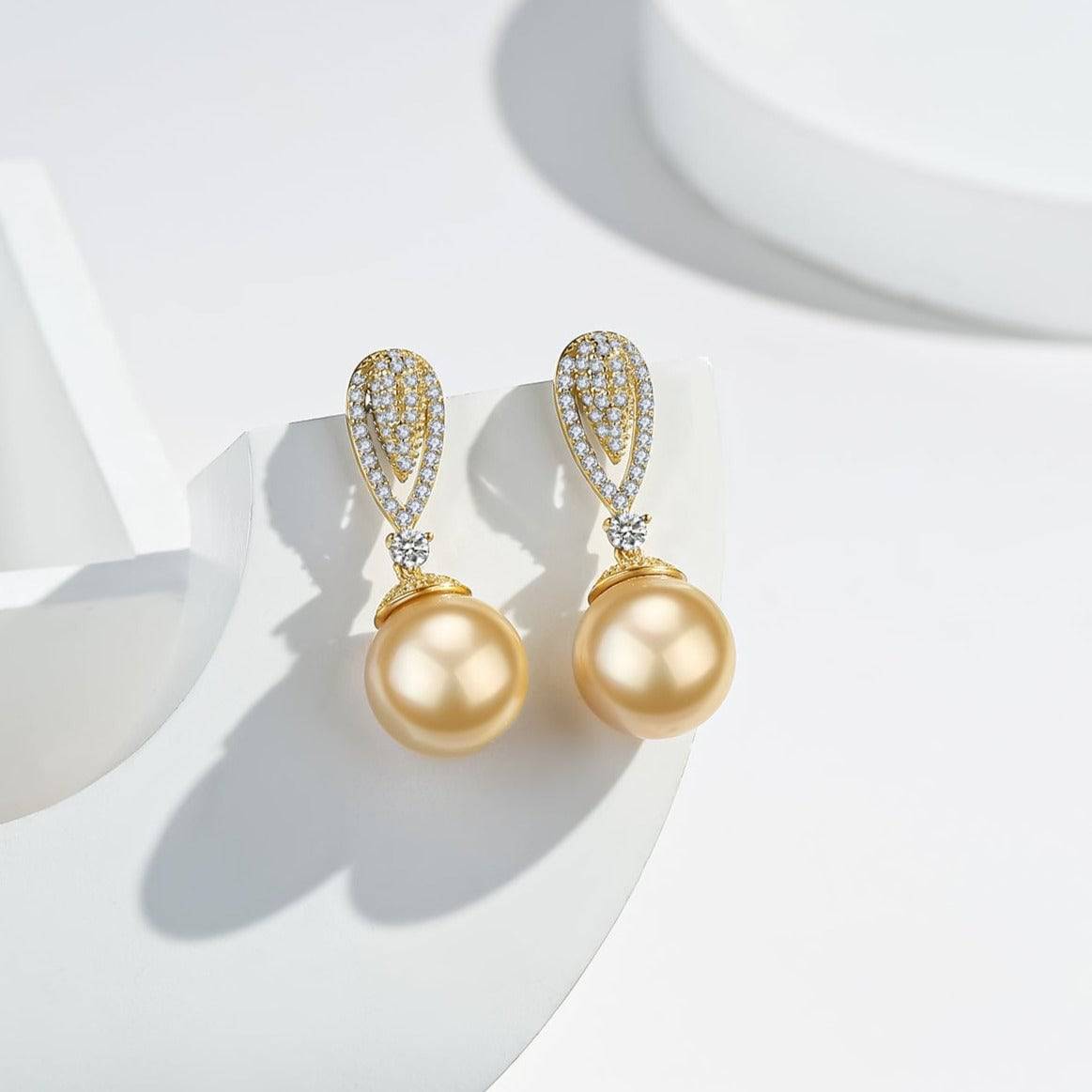 Elegant Golden South Sea Pearl and CZ Earrings 1