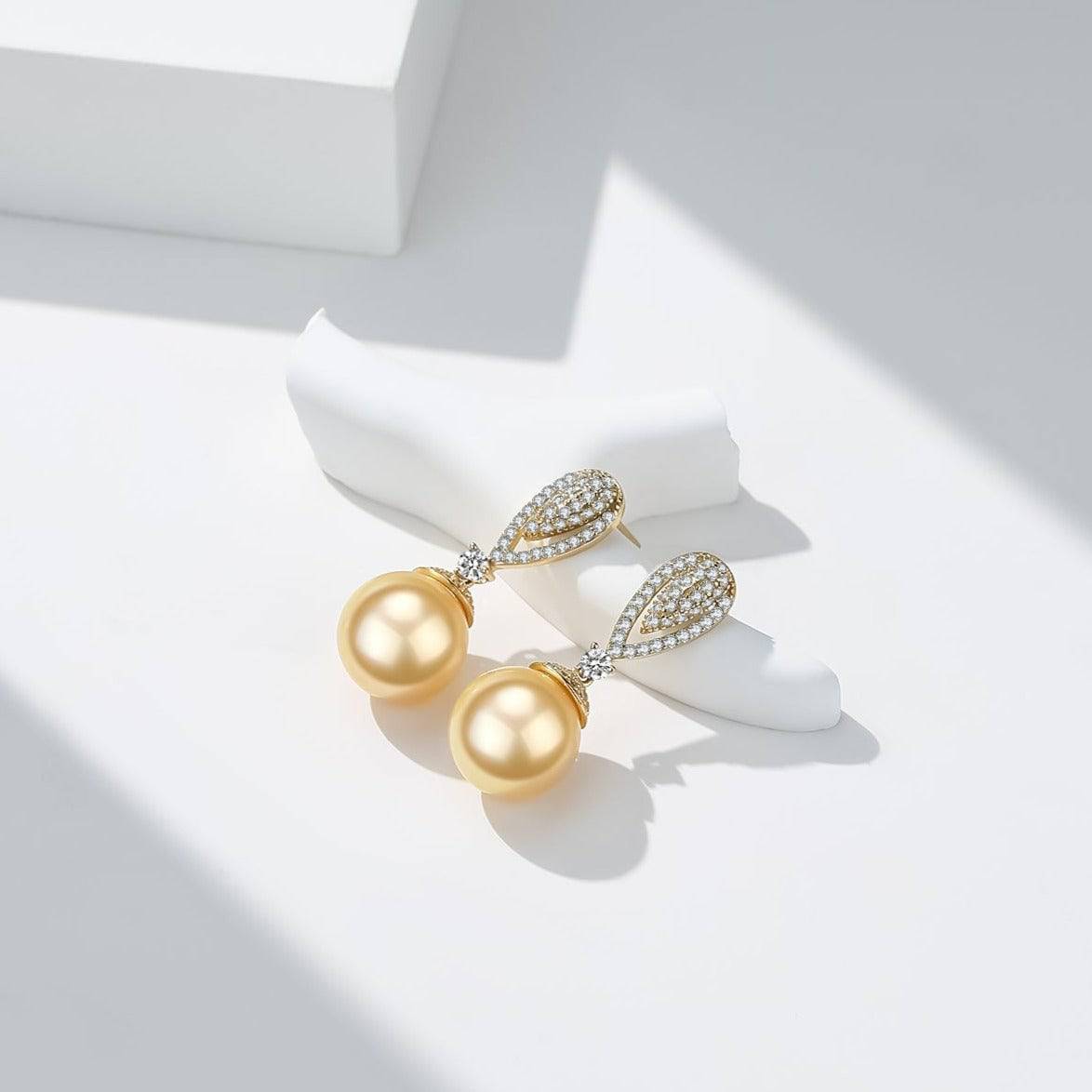 Elegant Golden South Sea Pearl and CZ Earrings 1