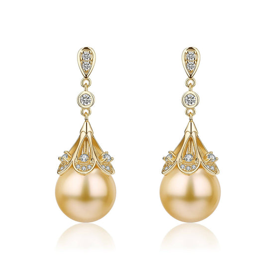 Elegant Golden South Sea Pearl and CZ Earrings 2