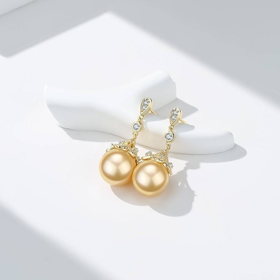 Elegant Golden South Sea Pearl and CZ Earrings 2