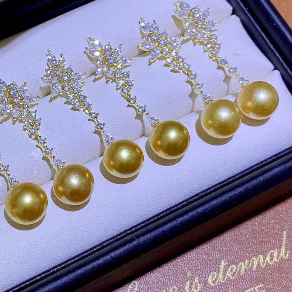 Snowflake Design Earrings with Golden South Sea Pearls