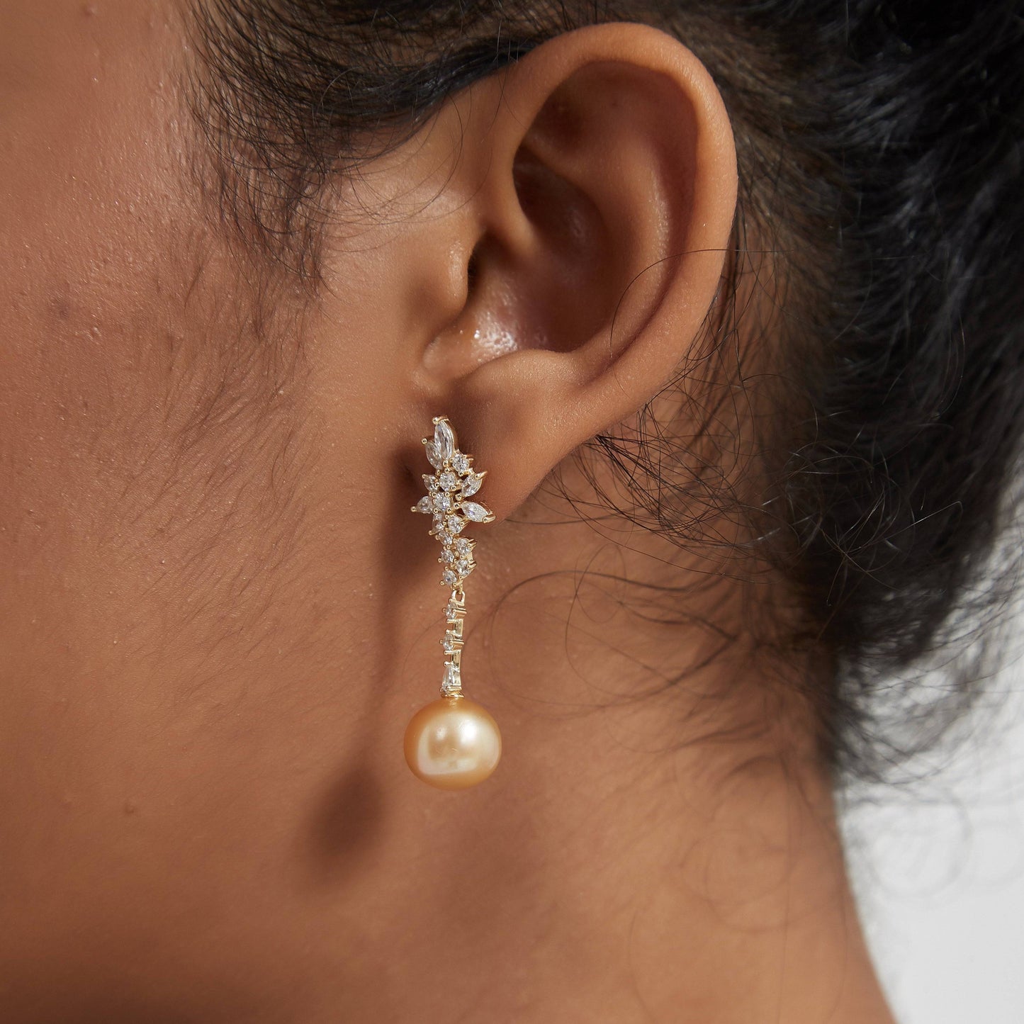 Snowflake Design Earrings with Golden South Sea Pearls