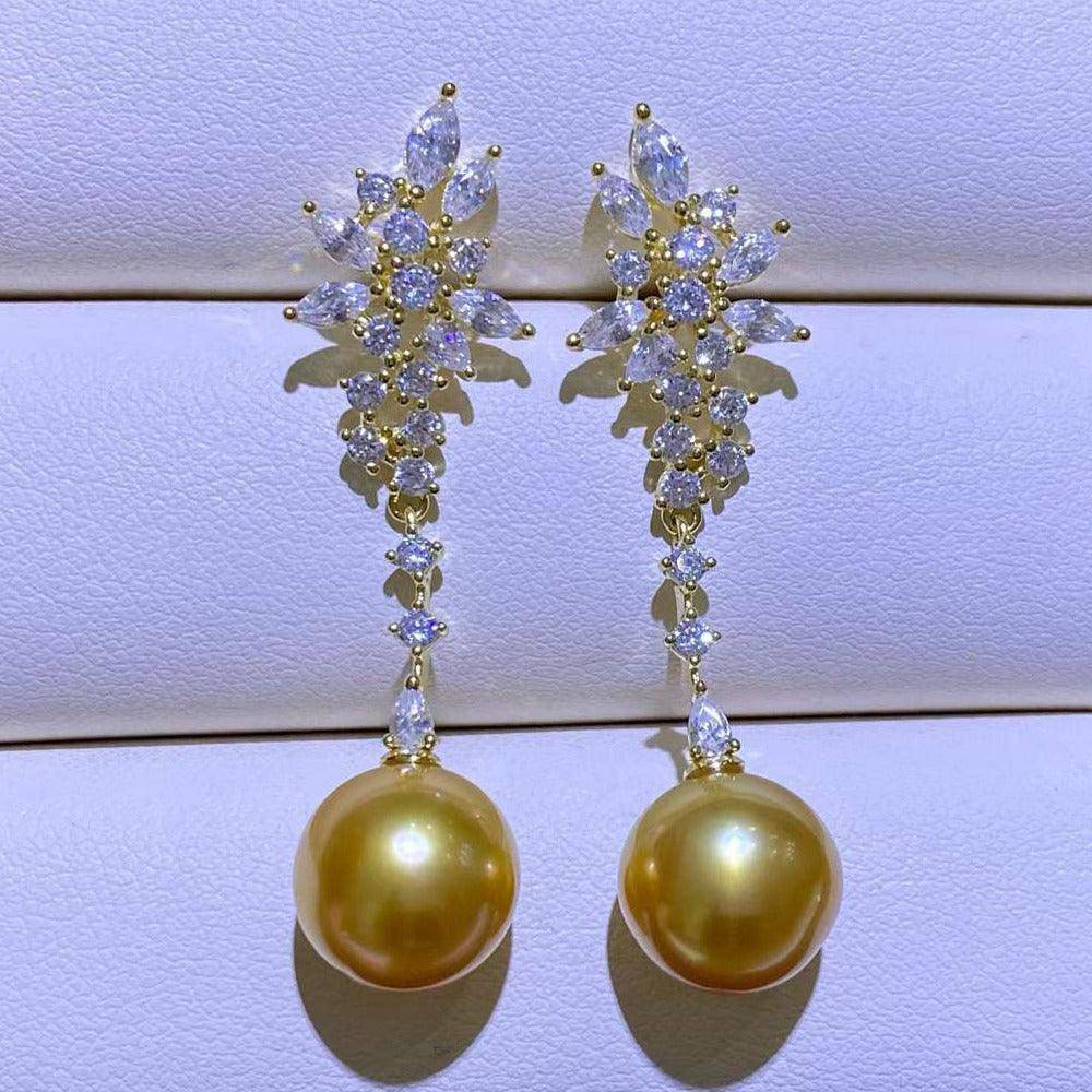 Snowflake Design Earrings with Golden South Sea Pearls