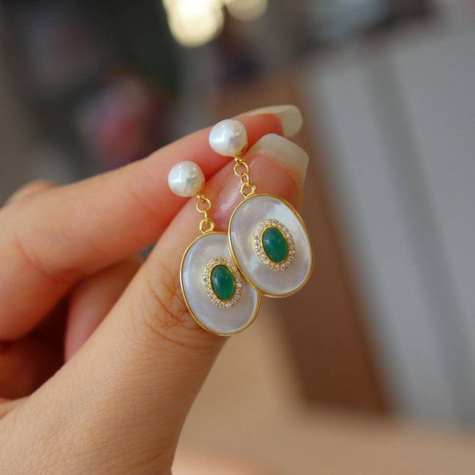 Gold Vermeil Green Onyx and Mother of Pearls Earrings