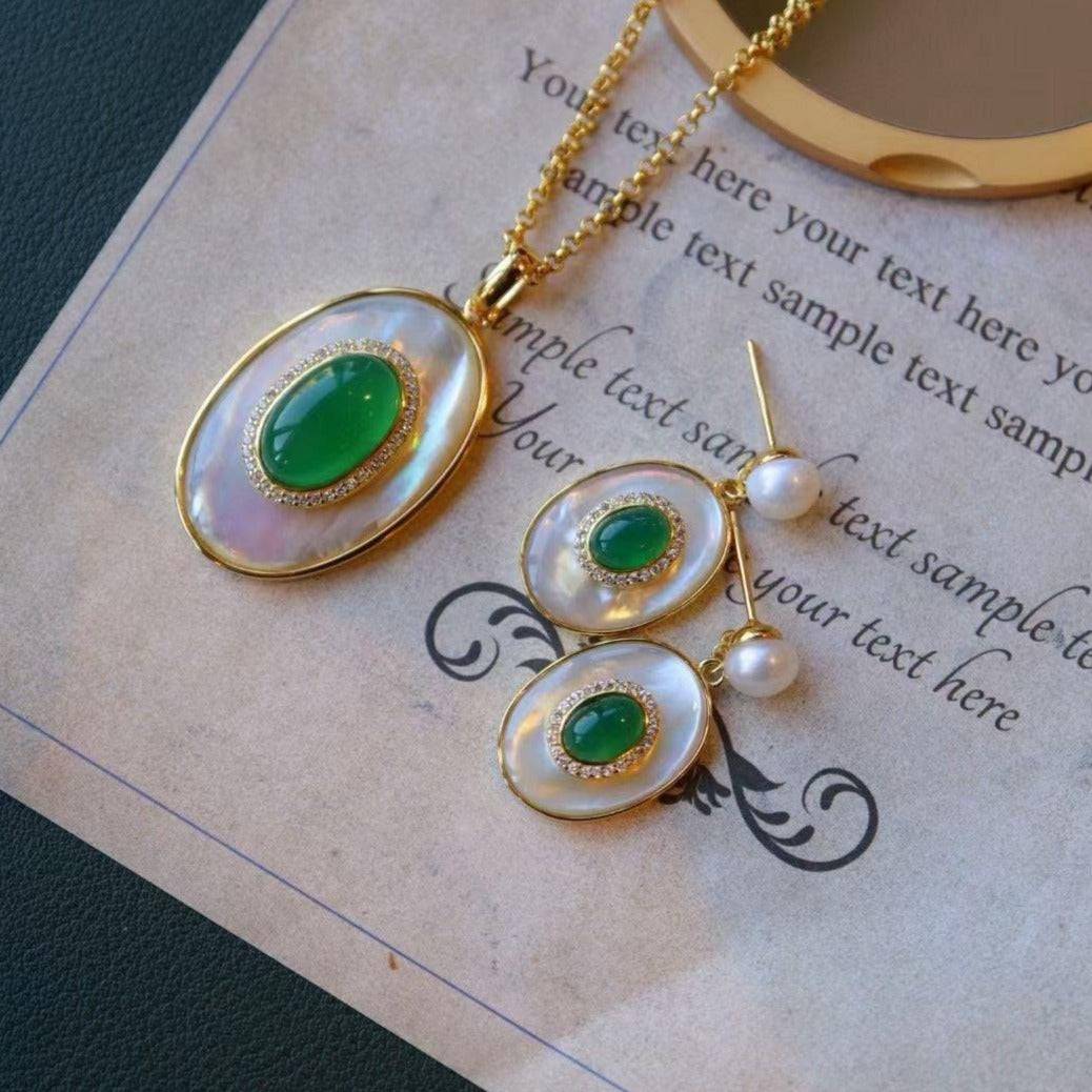 Gold Vermeil Green Onyx and Mother of Pearls Earrings