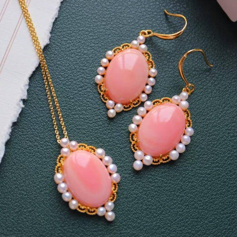 Pink Oval Conch Shell Pearl Earrings in Gold Vermeil