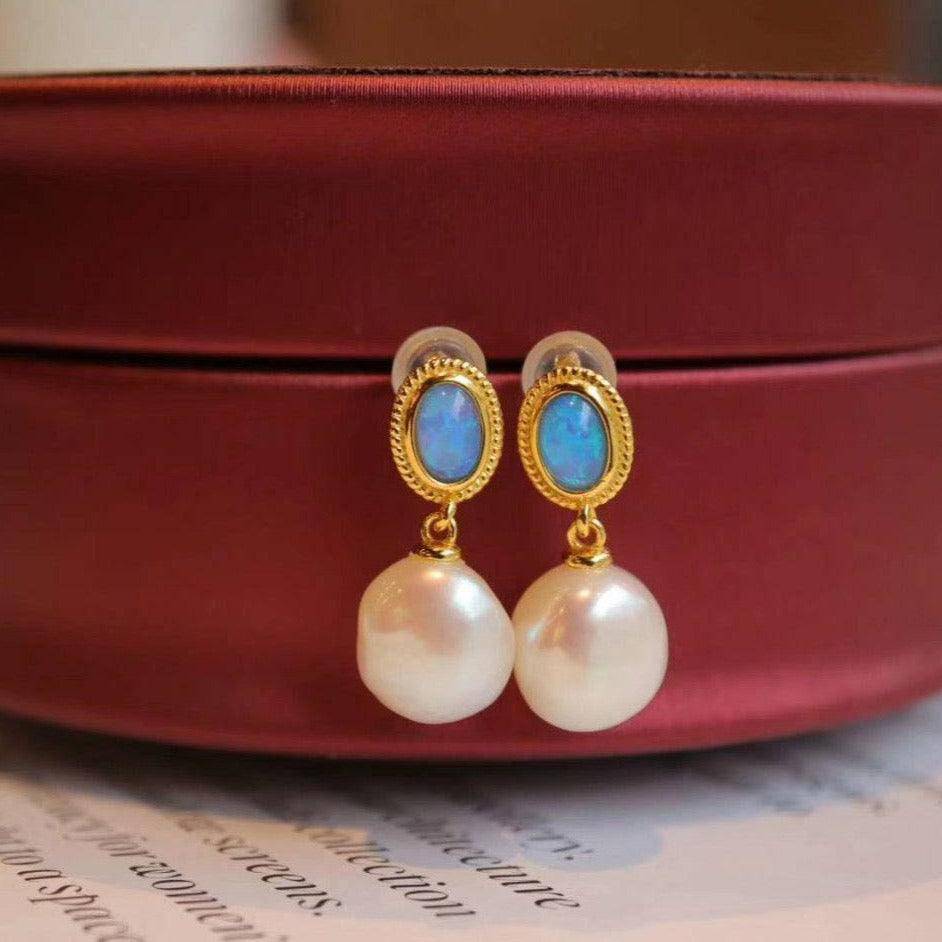 Baroque Pearl and Opal Earrings in Gold Vermeil