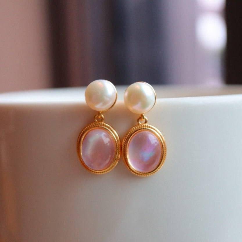 Natural Pink Crystal and Mother of Pearls Earrings in Gold Vermeil