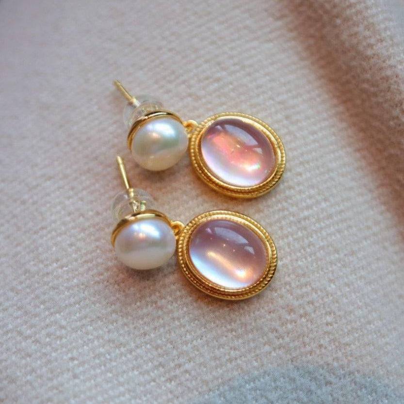 Natural Pink Crystal and Mother of Pearls Earrings in Gold Vermeil