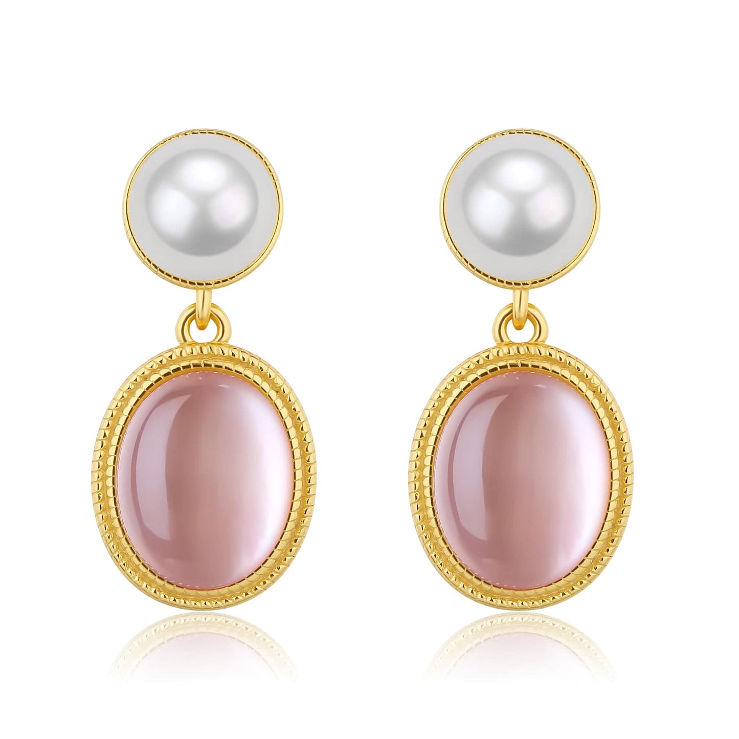 Natural Pink Crystal and Mother of Pearls Earrings in Gold Vermeil