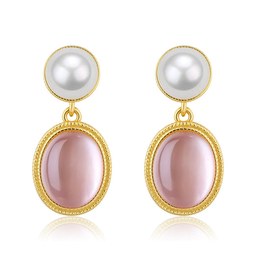 Natural Pink Crystal and Mother of Pearls Earrings in Gold Vermeil