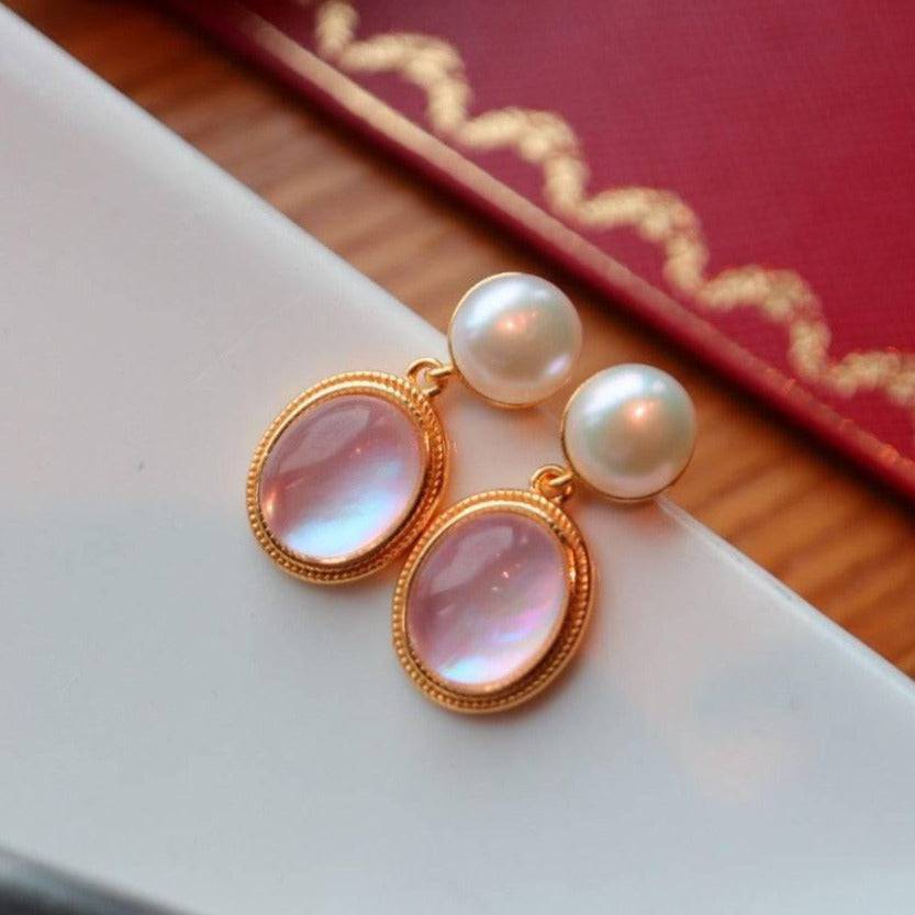 Natural Pink Crystal and Mother of Pearls Earrings in Gold Vermeil