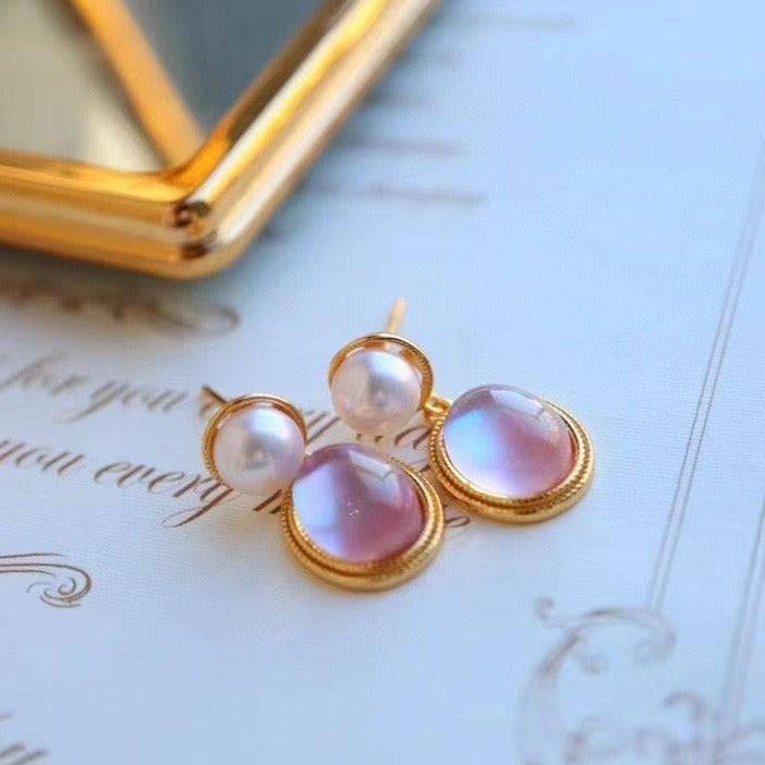 Natural Pink Crystal and Mother of Pearls Earrings in Gold Vermeil