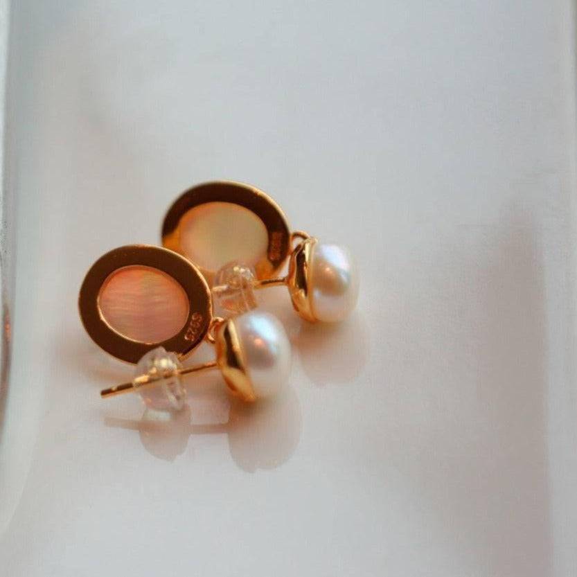 Natural Pink Crystal and Mother of Pearls Earrings in Gold Vermeil