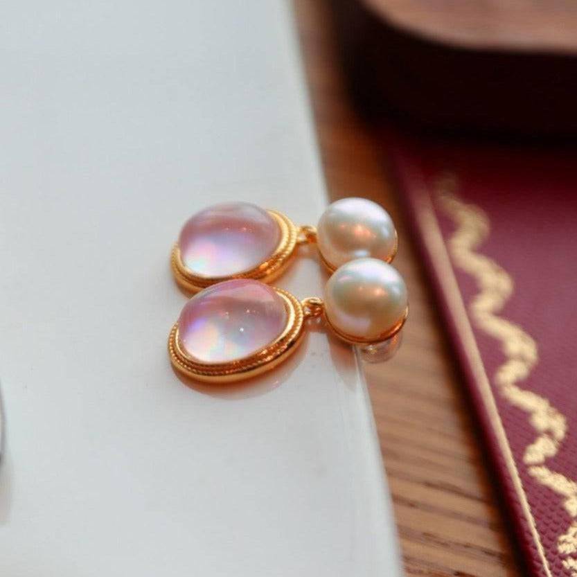 Natural Pink Crystal and Mother of Pearls Earrings in Gold Vermeil