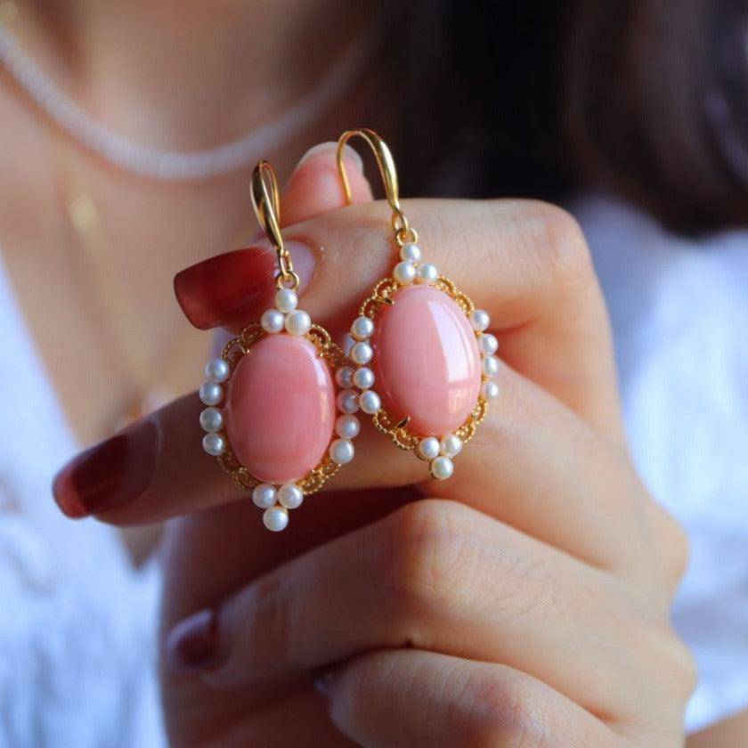 Pink Oval Conch Shell Pearl Earrings in Gold Vermeil