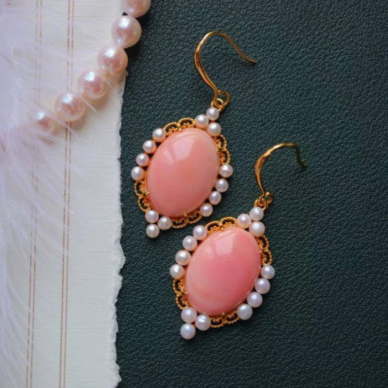 Pink Oval Conch Shell Pearl Earrings in Gold Vermeil