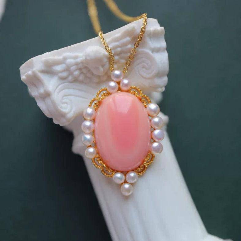 Pink Oval Conch Shell Pearl Earrings in Gold Vermeil