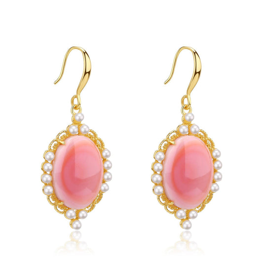 Pink Oval Conch Shell Pearl Earrings in Gold Vermeil