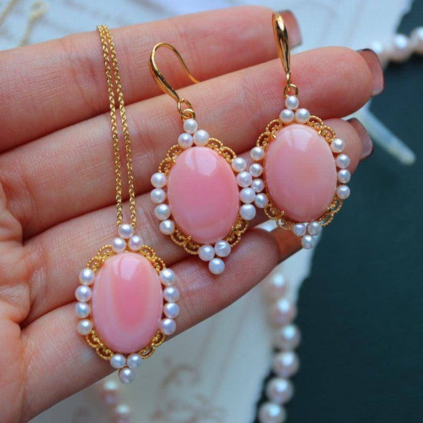 Pink Oval Conch Shell Pearl Earrings in Gold Vermeil