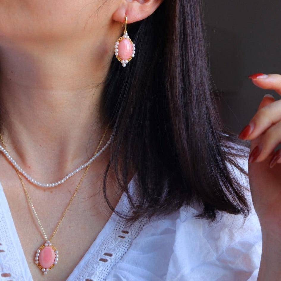 Pink Oval Conch Shell Pearl Earrings in Gold Vermeil