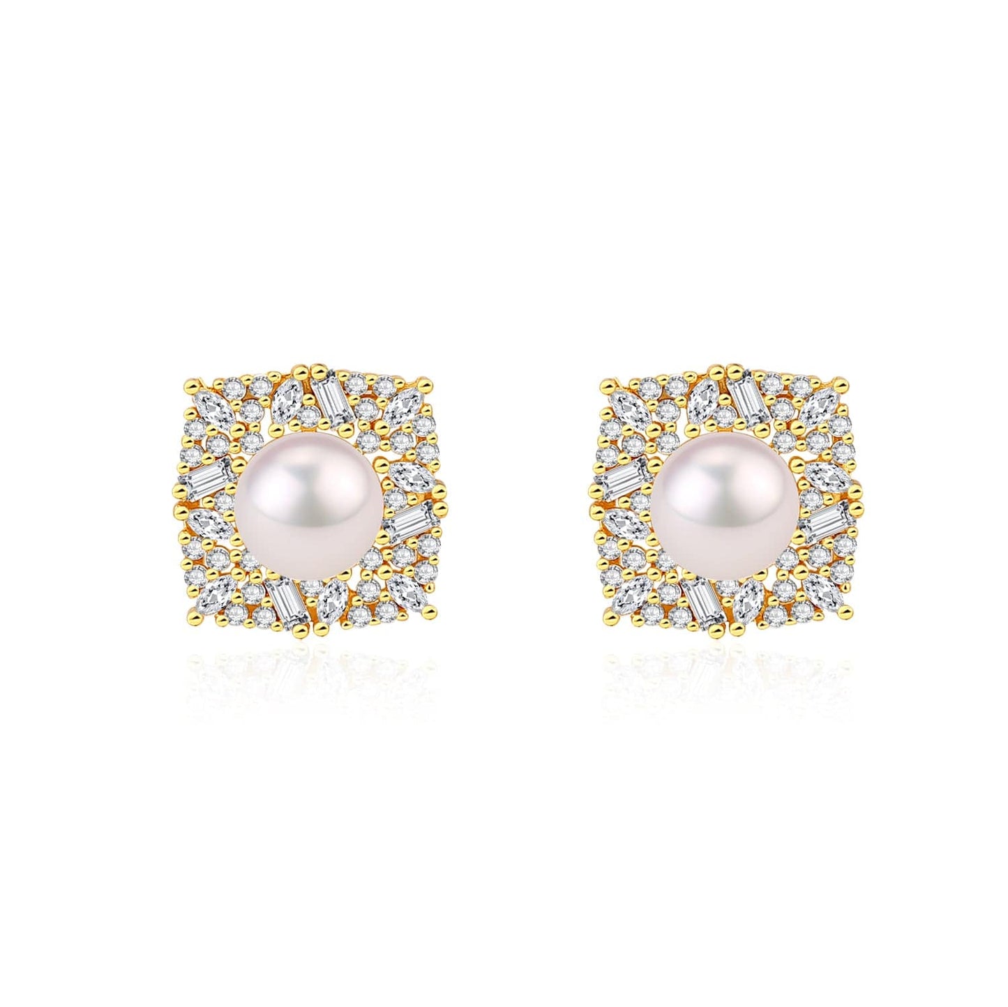 Gold Vermeil Earrings with Square CZ and Pearl