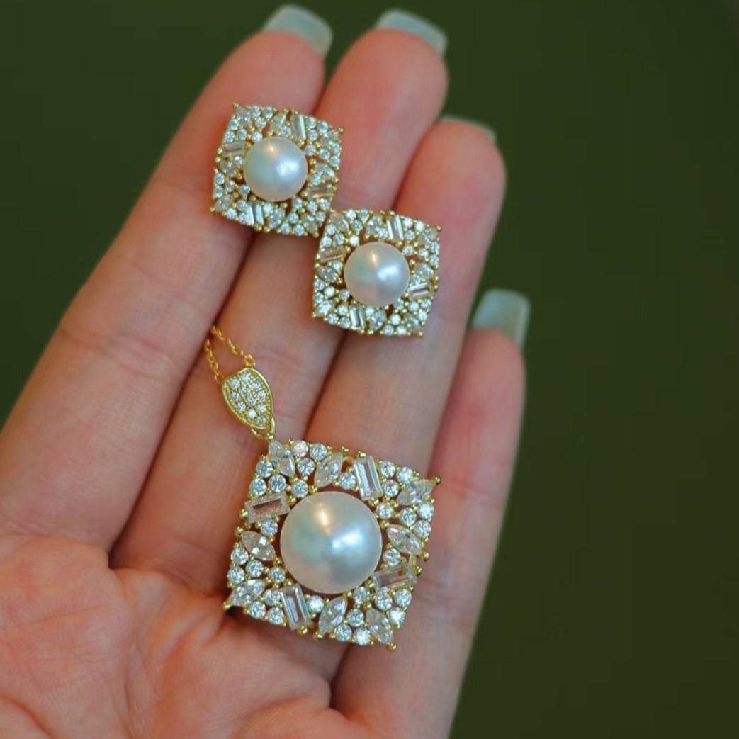 Gold Vermeil Earrings with Square CZ and Pearl