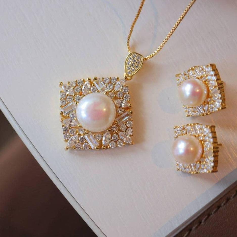 Gold Vermeil Earrings with Square CZ and Pearl