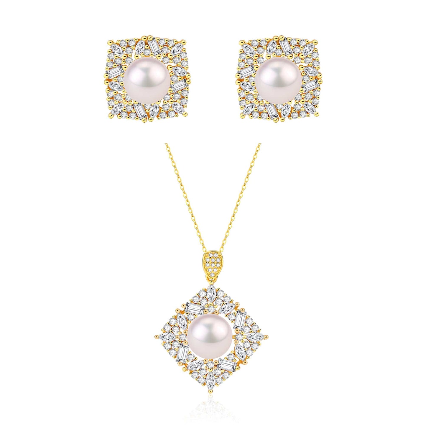 Gold Vermeil Earrings with Square CZ and Pearl